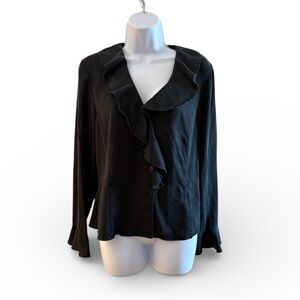 Linda  Allard Ellen Tracy Blouse Size 14 100% Silk  Black Long Sleeve  Ruffles